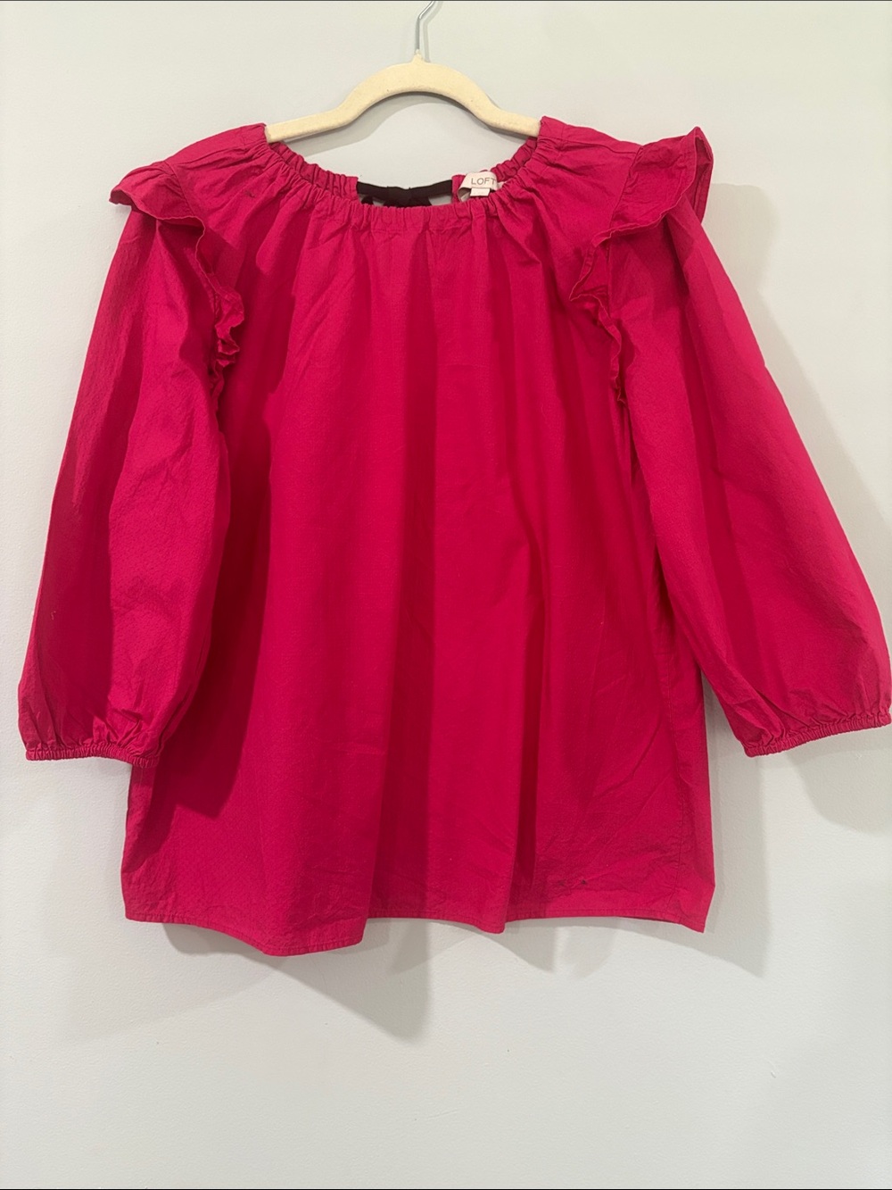 LOFT HOT PINK PEASANT RUFFLE -SLEEVE FEMININE BLOUSE SIZE /L